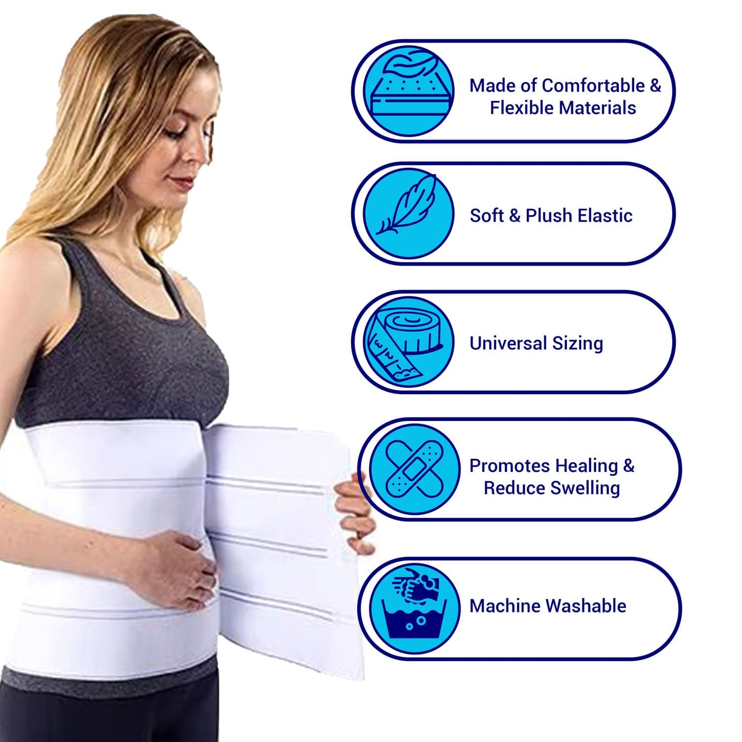 Abdominal binder features: soft elastic material, comfortable fit, promotes healing and reduces swelling, machine washable