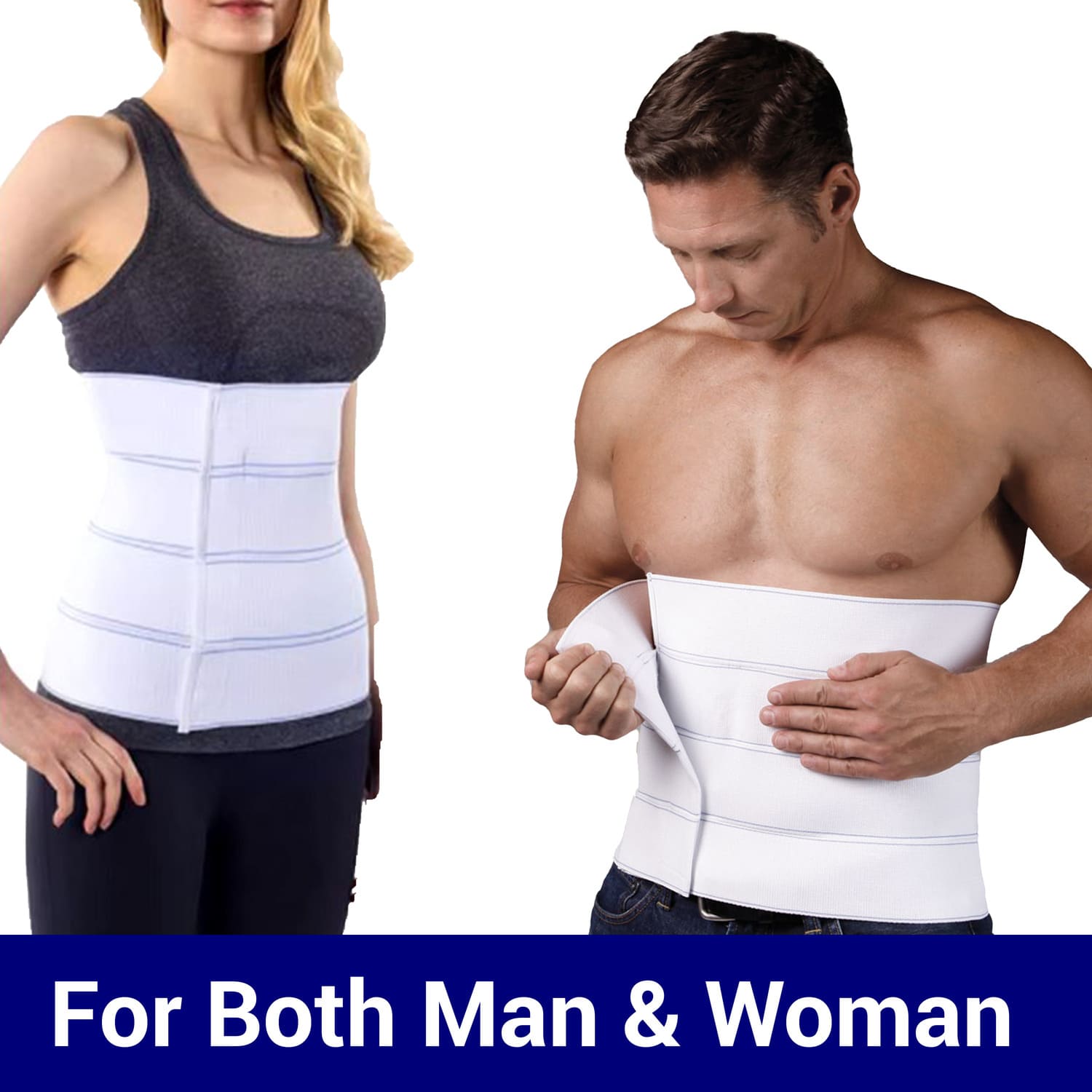 Man and woman wearing adjustable abdominal binder for core and back support – unisex compression belt ideal for recovery, available in Australia