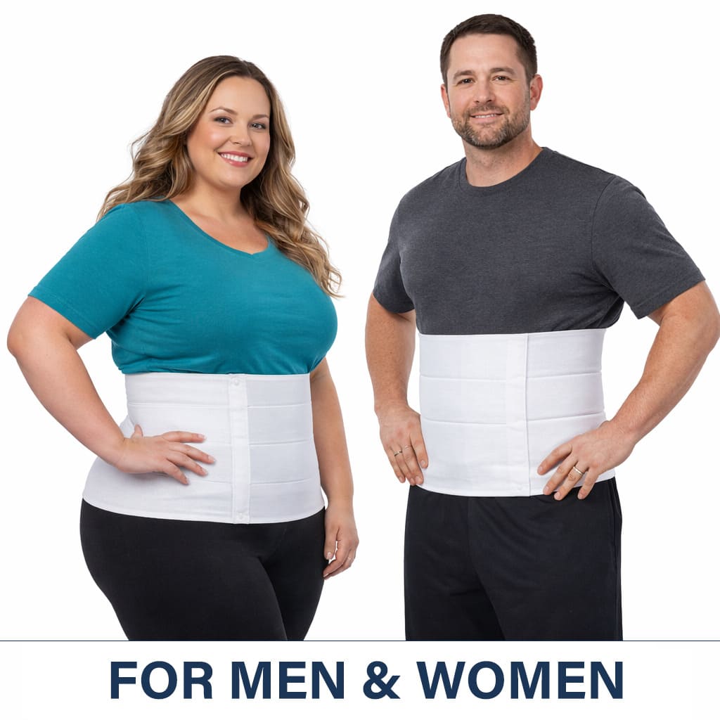 Plus-size bariatric abdominal binder for post-surgery support on a woman and a man. Shows the unisex, multi-panel white medical-grade compression belt for stomach recovery, with 'FOR MEN & WOMEN' text.