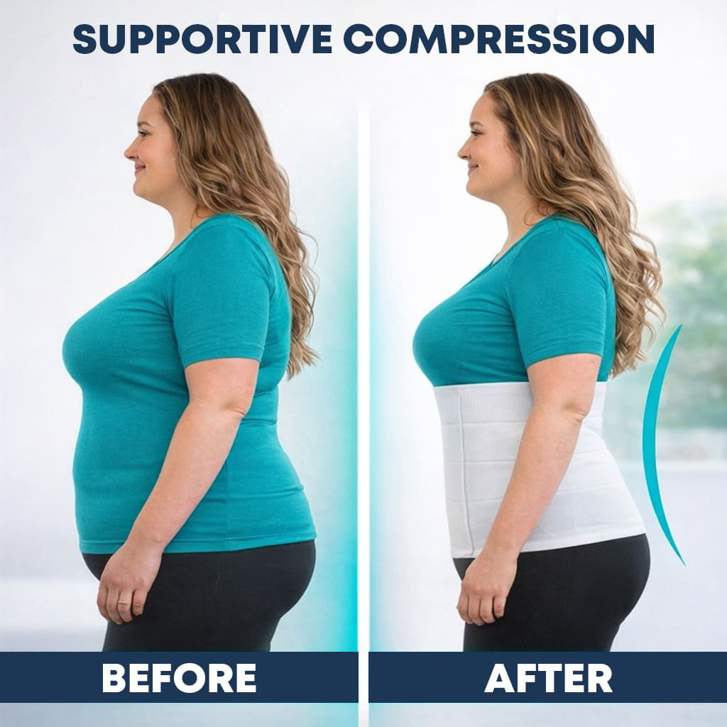 Before and after comparison graphic for a plus-size post-surgery abdominal binder in Australia. The left panel (BEFORE) shows a woman in a teal t-shirt with a naturally softer abdominal profile. The right panel (AFTER) shows the same woman wearing the white, medical-grade compression wrap, demonstrating immediate stomach support, a flatter, smoother contour, and improved core posture. Top text reads 'SUPPORTIVE COMPRESSION.' Perfect for bariatric hernia support, C-section recovery, or tummy tuck in Australi