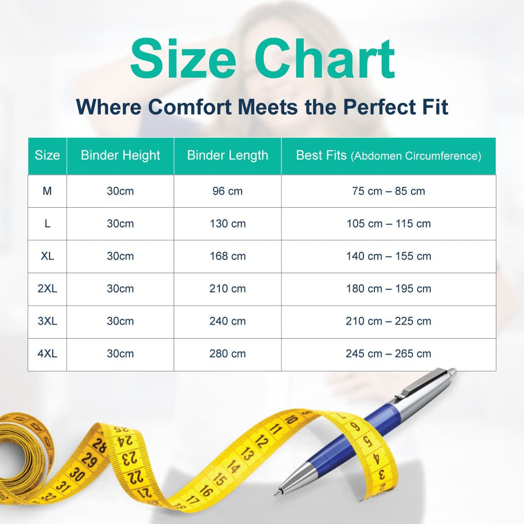 Size chart for plus-size and bariatric abdominal binders (M to 4XL). Table shows a consistent 30cm binder height with abdomen circumference fits ranging from 75cm up to 265cm for post-surgery support.