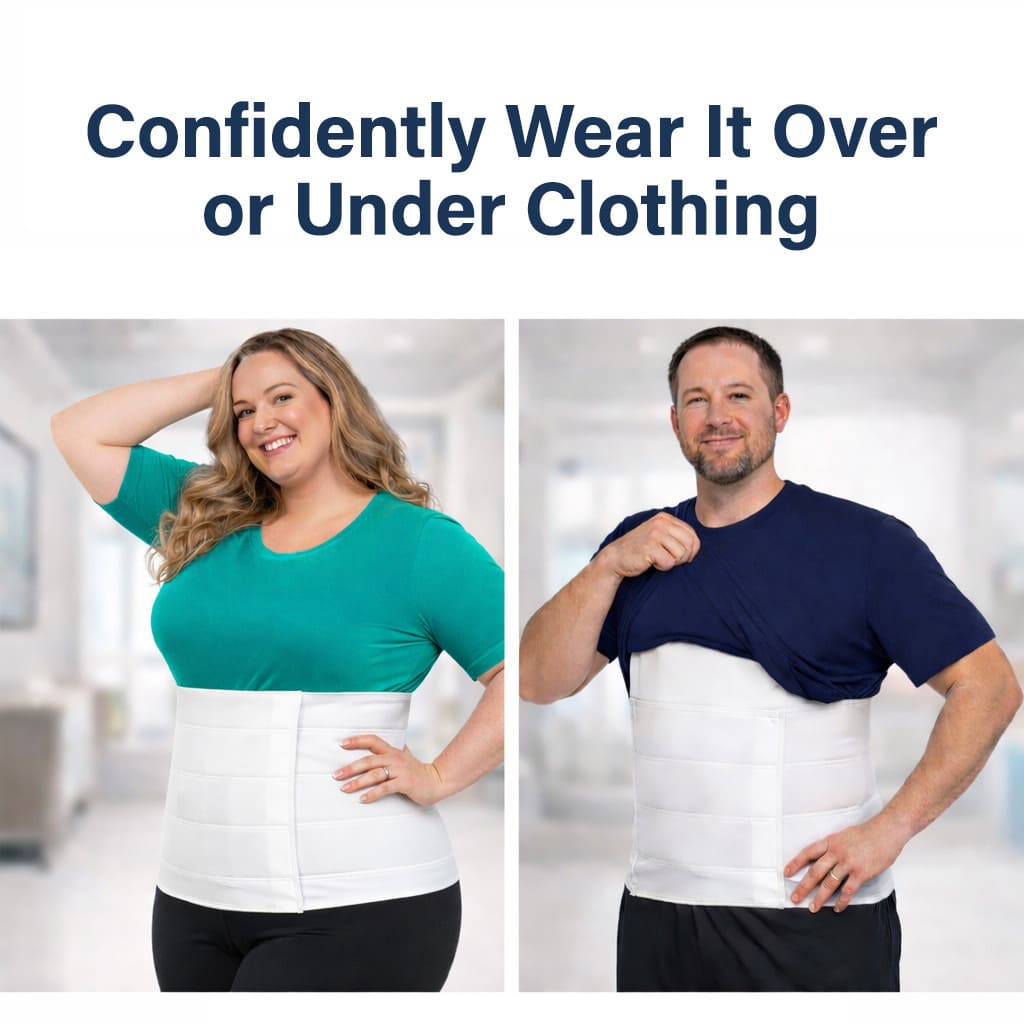 Discreet plus-size abdominal compression wrap for surgery shown being worn over a t-shirt by a woman and under a shirt by a man. Text overlay: 'Confidently Wear It Over or Under Clothing.' This white bariatric binder provides a low-profile fit for medical support during daily activities.