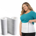 Plus-size woman adjusting a white medical-grade abdominal binder for a secure fit. Beside her is a close-up of the rolled-up bariatric compression wrap, showing the breathable multi-panel texture and high-quality elastic fabric. Ideal for post-surgery recovery and hernia support in Australia.