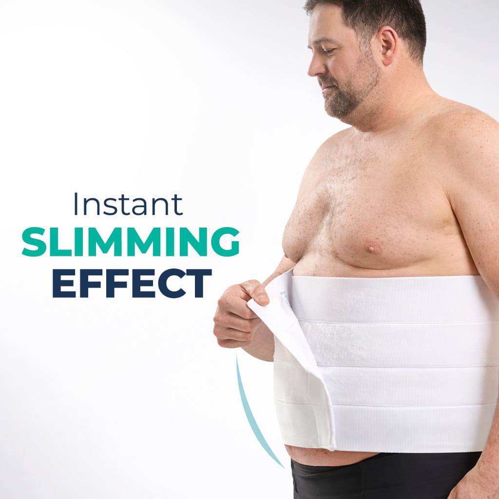 Men’s plus-size abdominal binder showing an 'Instant Slimming Effect' on a bariatric male model. The white, multi-panel medical compression belt is shown being adjusted for a secure fit, providing immediate stomach support and abdominal contouring. Perfect for men’s post-surgery recovery, hernia support, and tummy tuck compression in Australia.