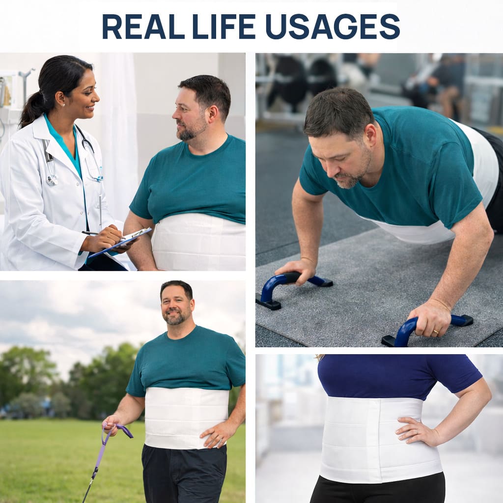 Unisex plus-size abdominal binder graphic titled 'REAL LIFE USAGES.' Four panels show scenarios for both men and women: a male model consulting a female doctor; the same man performing push-ups; a man walking a dog outdoors; and a woman wearing the support belt for daily wear. This medical-grade compression wrap provides discreet stomach support and hernia protection during recovery and daily activities in Australia.