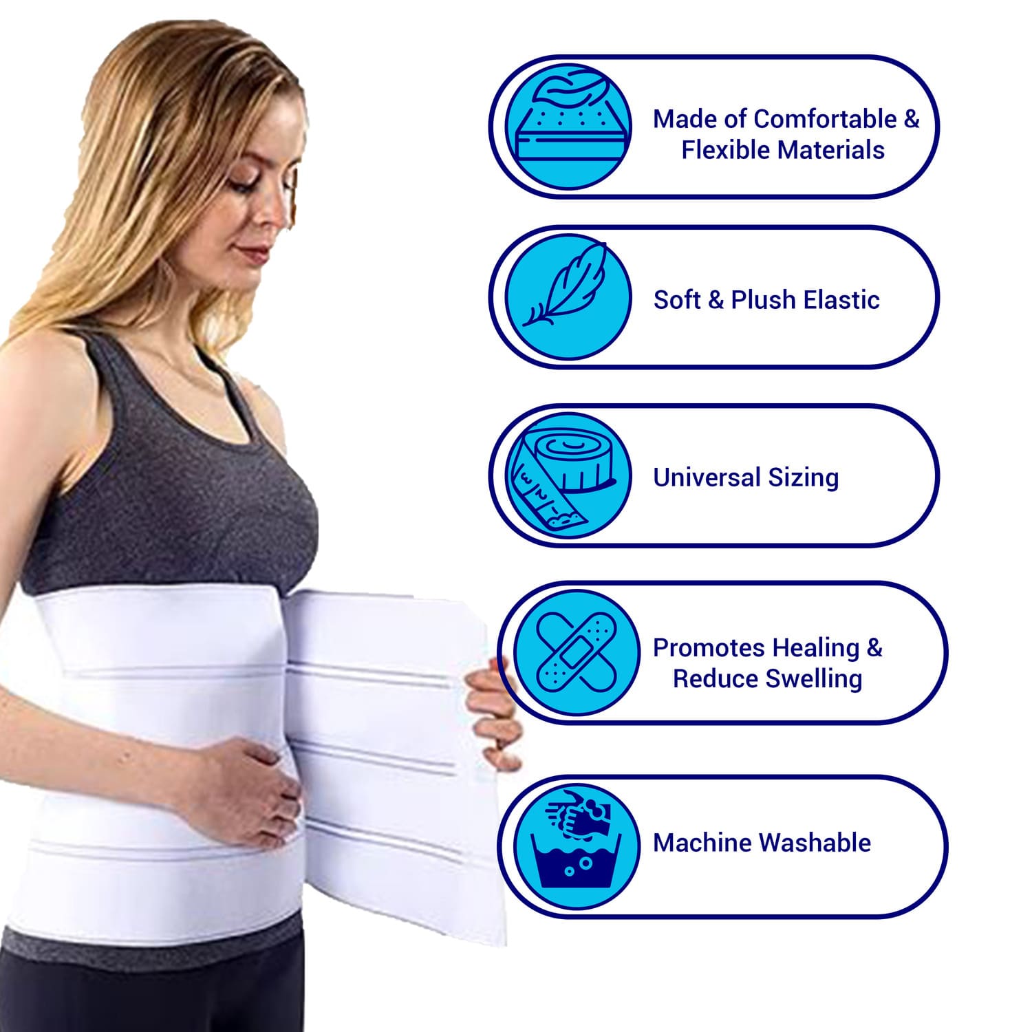 Abdominal binder features: soft elastic material, comfortable fit, promotes healing and reduces swelling, machine washable