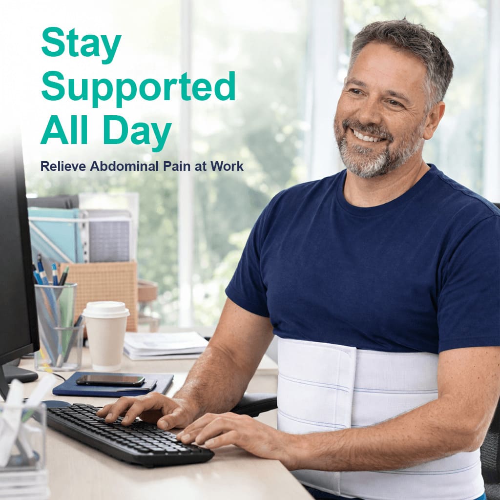Man wearing a medical-grade abdominal binder while working at a desk to reduce pain and maintain core stability.