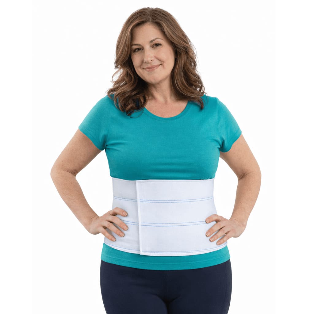 Woman wearing a white 3-panel abdominal binder over a teal shirt for post-operative core support.