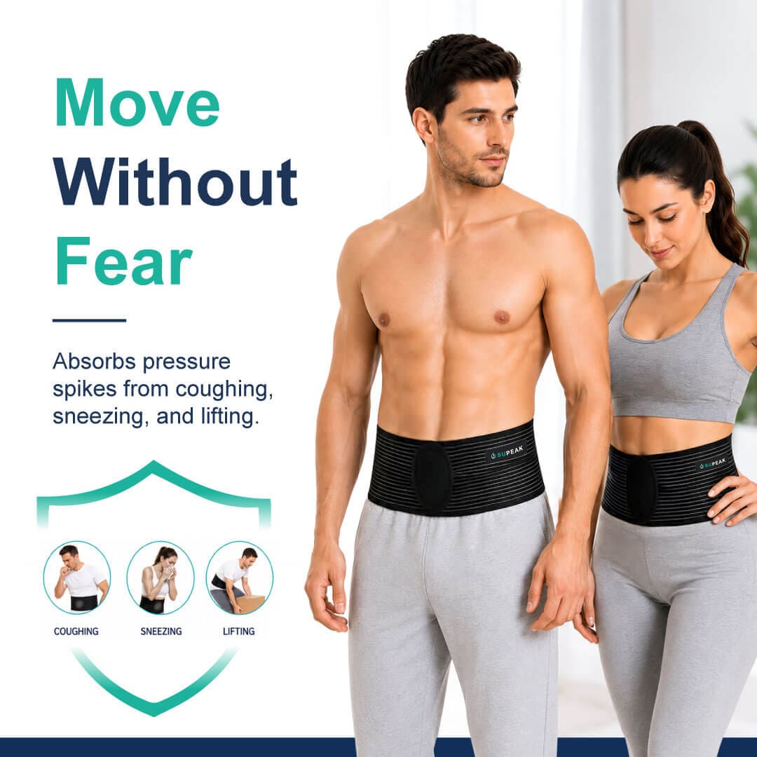 Men and women wearing abdominal hernia binders to absorb pressure from coughing, sneezing, and lifting.