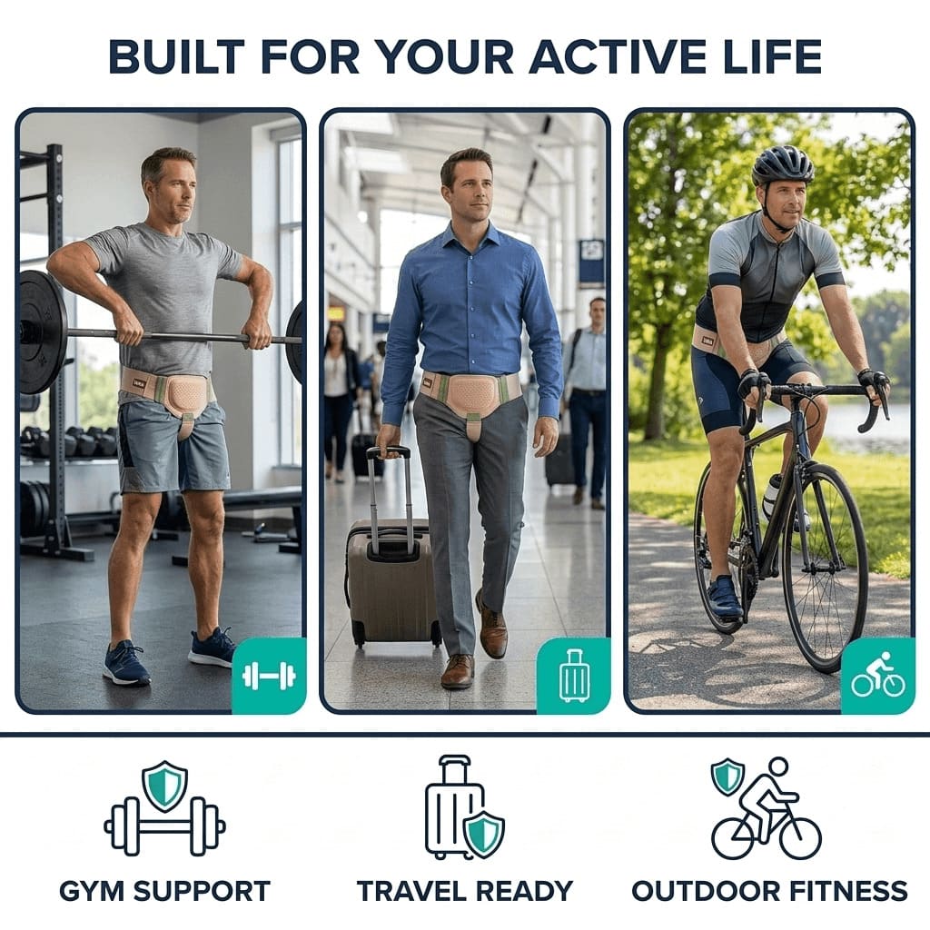 Three lifestyle images showing a man confidently wearing the SUPEAK hernia belt while lifting weights at the gym, walking with luggage through an airport, and cycling outdoors.