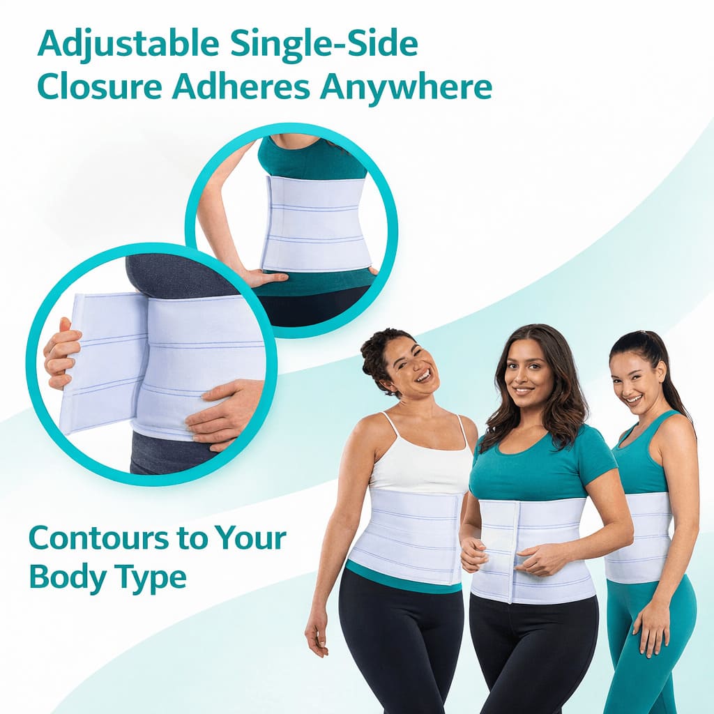 Three women of different body types wearing the abdominal binder to show the adjustable single-side closure and contoured fit.
