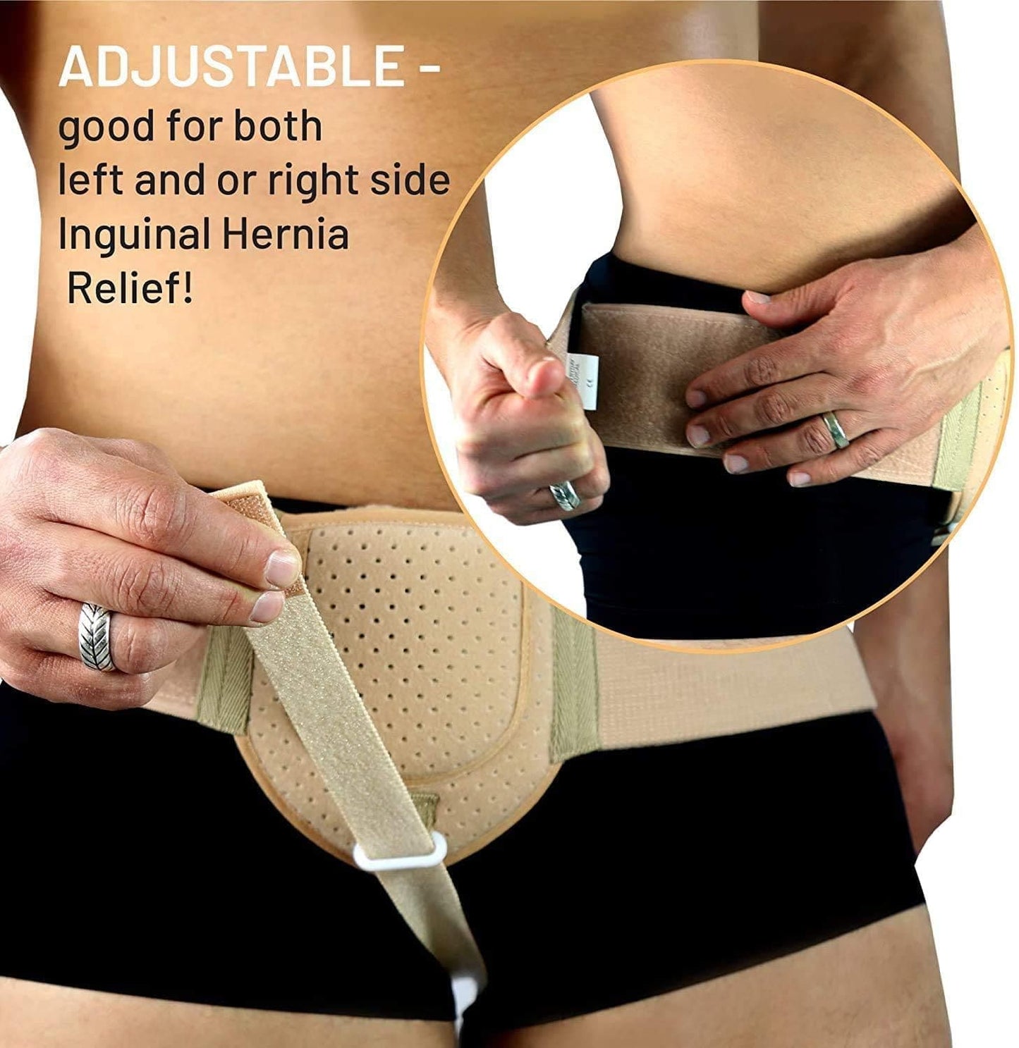 Adjustable inguinal hernia belt with customizable straps for a personalized fit for men and women.