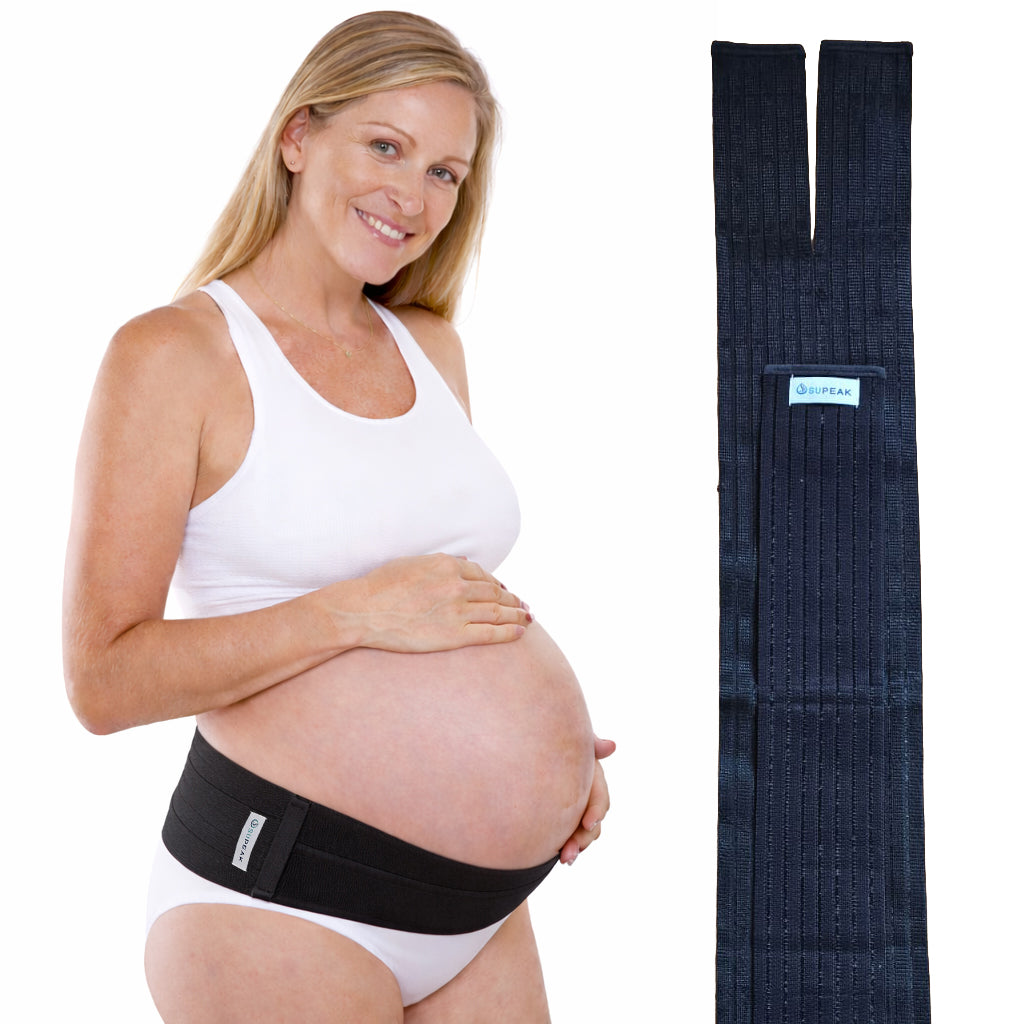 Side-by-side view showing a woman wearing the black Supeak Maternity SI Pelvic Support Belt and a flat-lay view of the adjustable elastic strap.