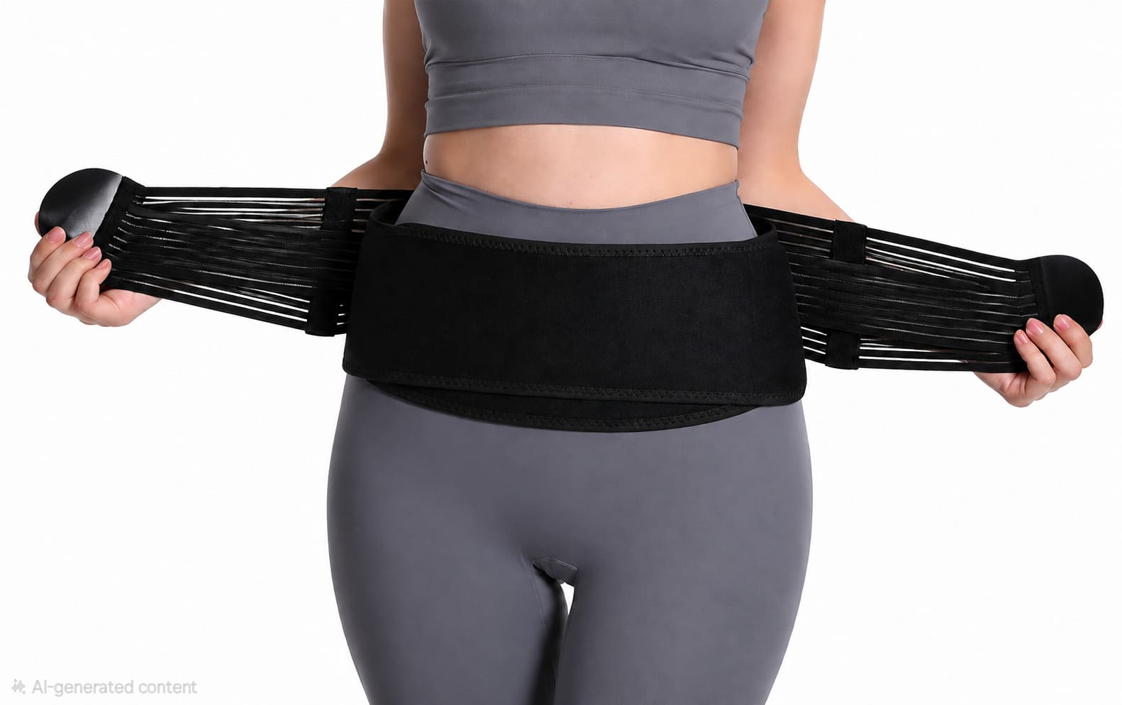 Adjustable Sacroiliac (SI) Hip Belt in black worn over grey activewear, providing targeted compression and support for the sacroiliac joint, pelvis and lower back.