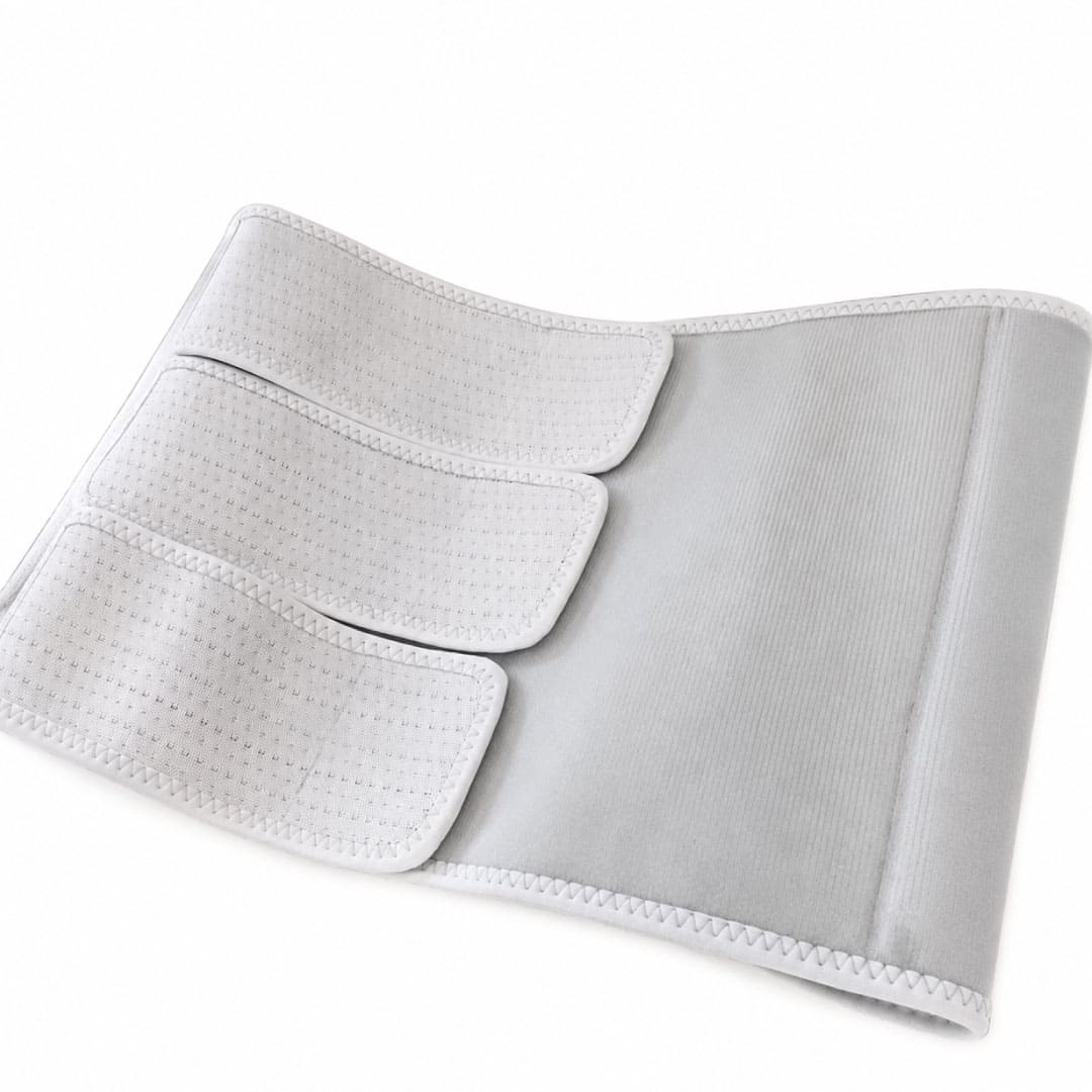 Close-up flat view of the grey SUPEAK Postpartum Belly Band highlighting the breathable mesh material and three adjustable fastening straps for targeted abdominal support.