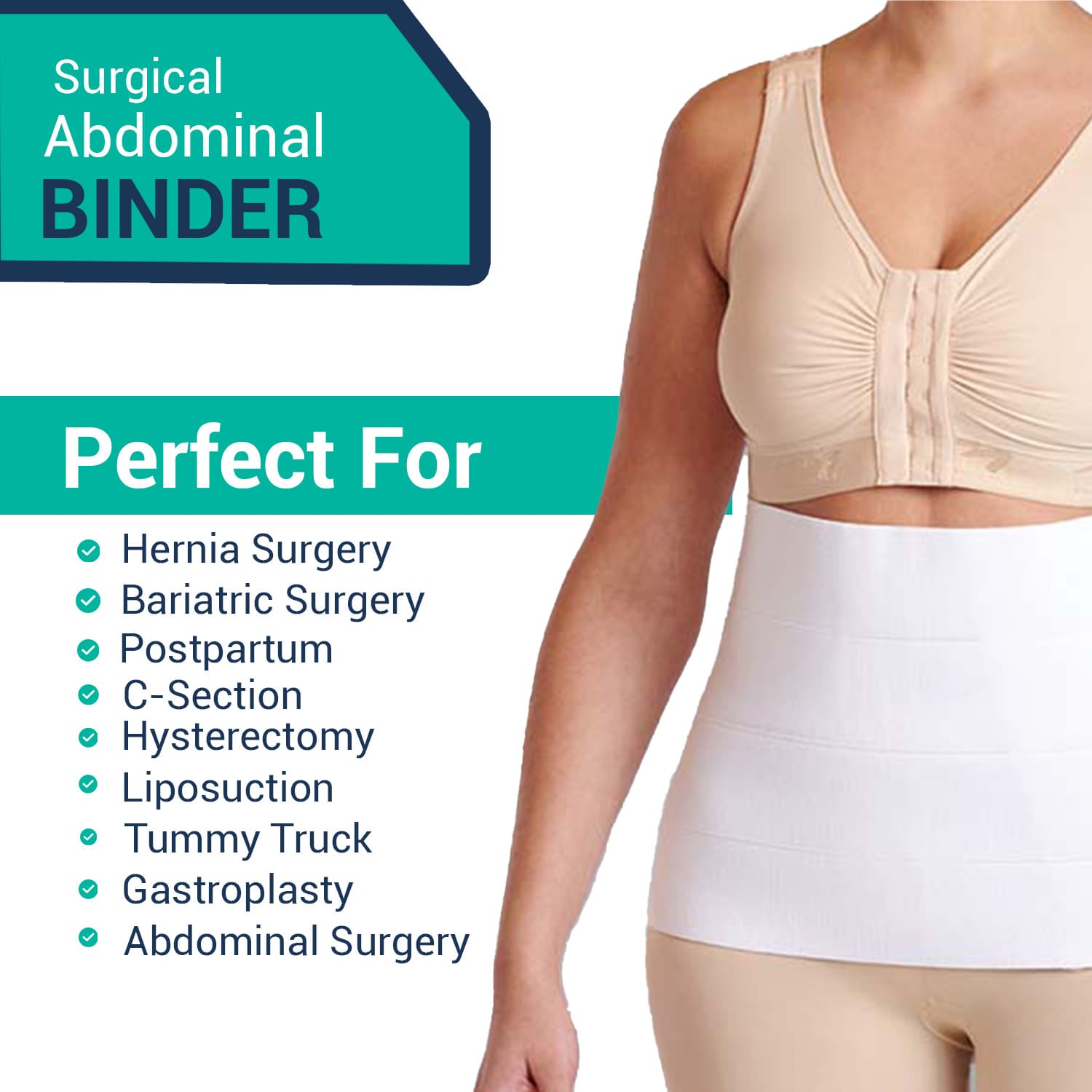 Infographic listing the benefits of a bariatric binder for hernia surgery, c-section, tummy tuck, postpartum , and post-surgical abdominal compression.