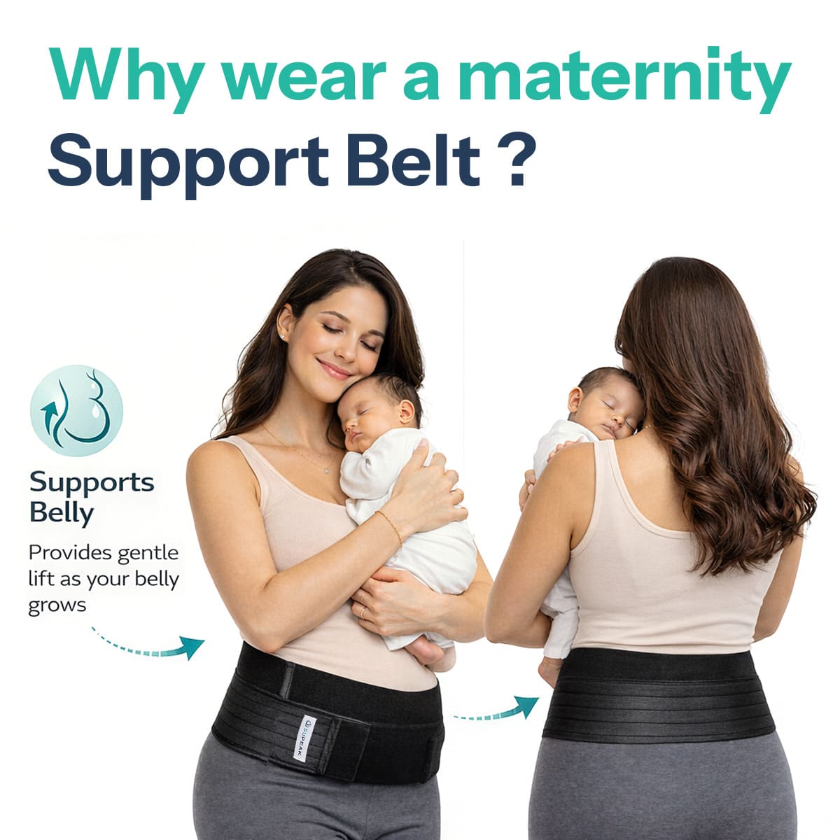 Infographic explaining why to wear a maternity support belt to provide a gentle belly lift as your bump grows during pregnancy.