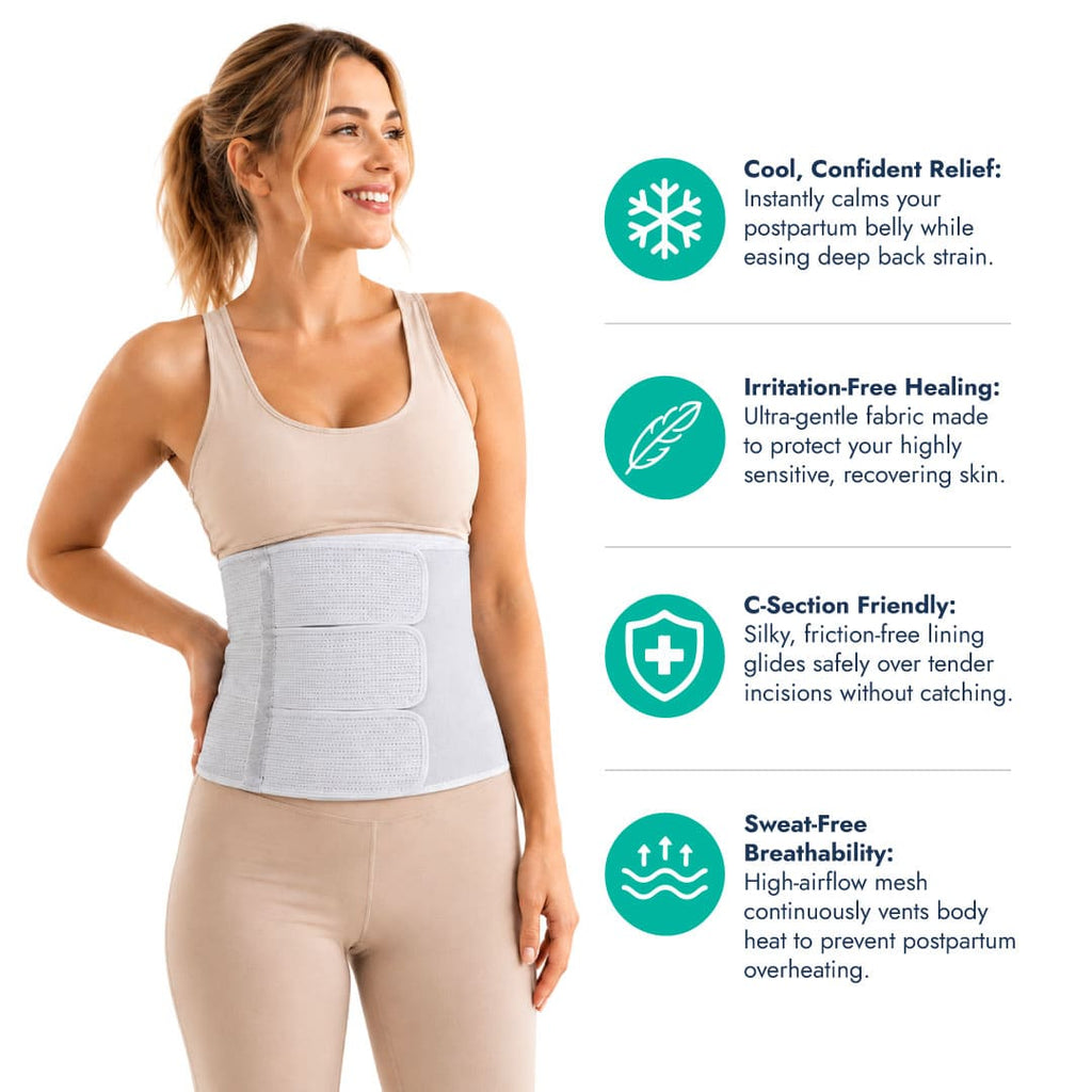 A smiling woman wearing the SUPEAK Postpartum Belly Band. Infographic text highlights key features: Cool Confident Relief, Irritation-Free Healing, C-Section Friendly friction-free lining, and Sweat-Free Breathability.