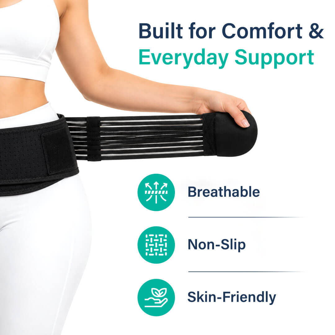 Woman adjusting a black Sacroiliac (SI) joint belt designed for everyday comfort and support, highlighting its breathable, non-slip, and skin-friendly design features.  