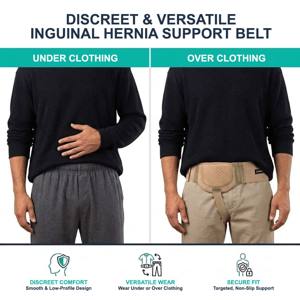Demonstration of the SUPEAK inguinal hernia belt's versatile design, showing it worn discreetly underneath dark clothing on the left, and securely over light trousers on the right.