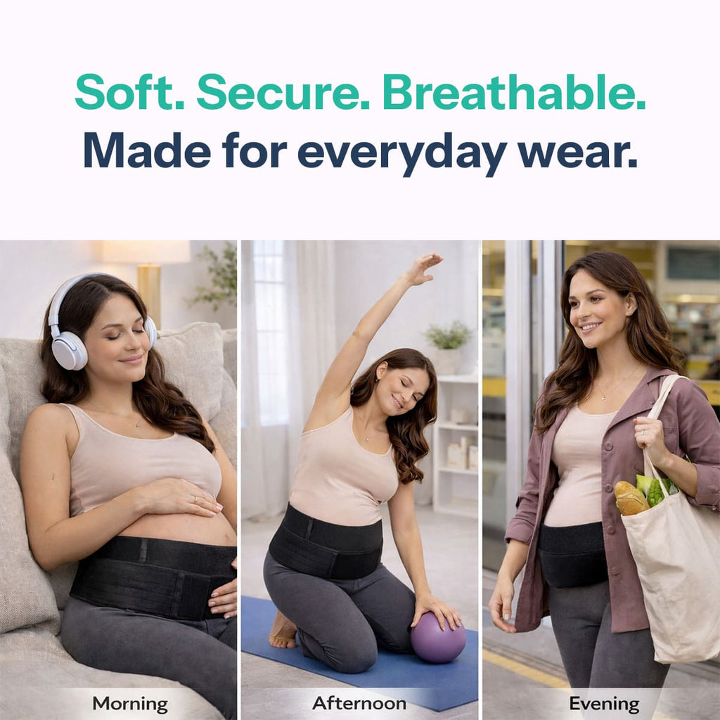 Collage showing the SUPEAK belt providing lower back relief and adjustable daily comfort for pregnant women.