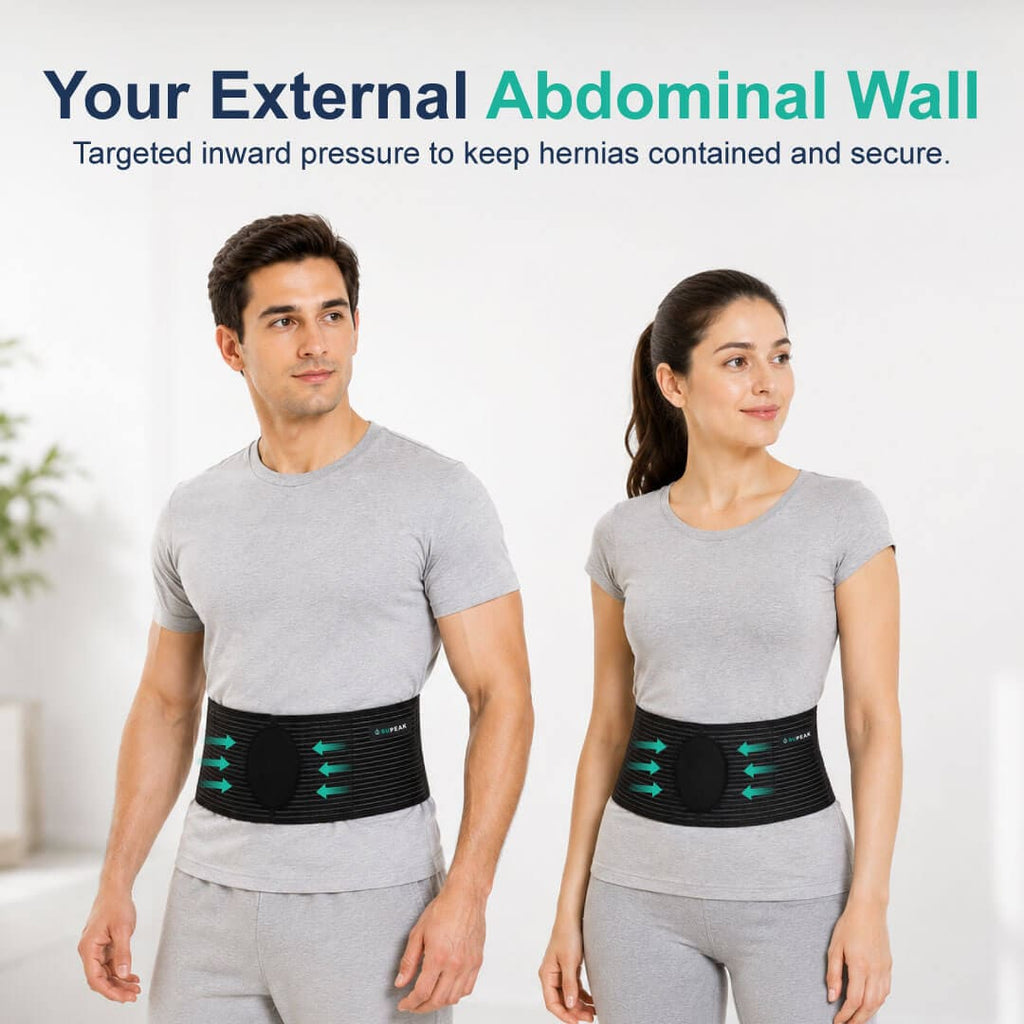 Diagram demonstrating the hernia belt providing targeted inward pressure to keep hernias secure.
