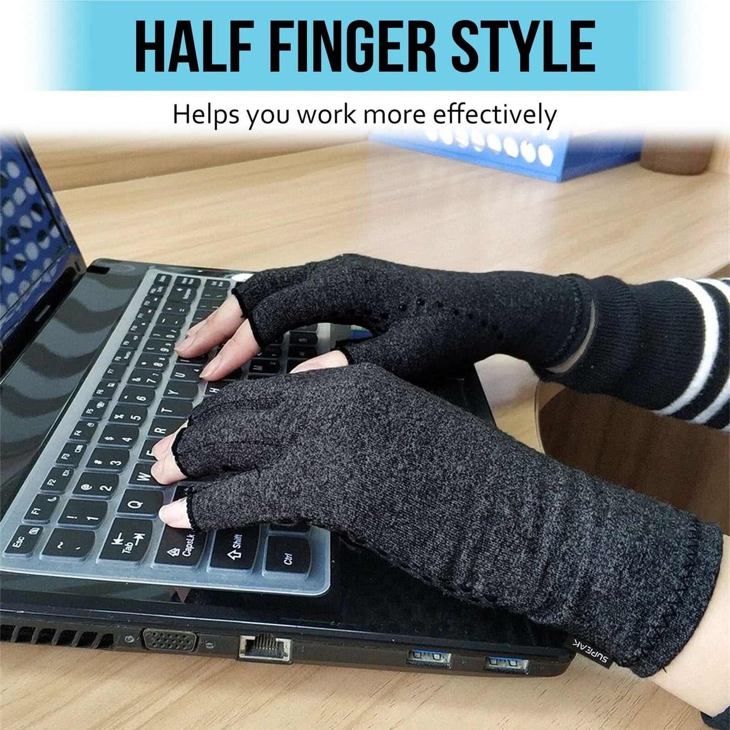 Fingerless gloves for computer typing and gaming, offering comfort and support to reduce hand strain during long hours of use.