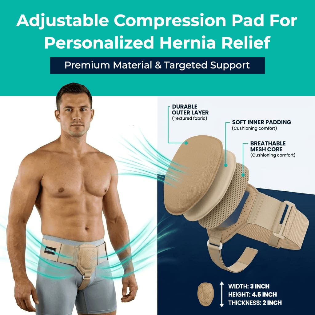 Exploded view of the SUPEAK hernia belt compression pad revealing its premium materials: a durable textured outer layer, soft cushioning inner padding, and a breathable mesh core.