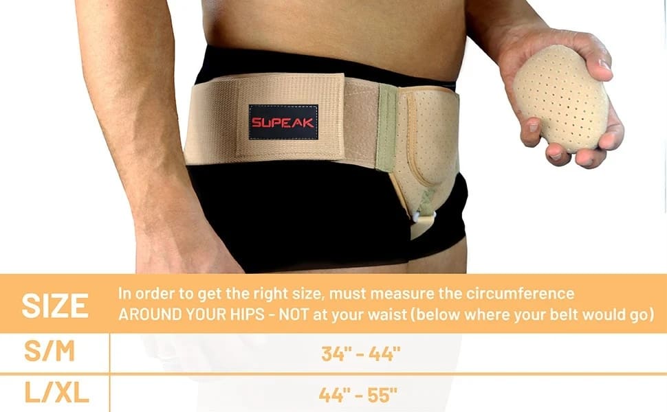 Inguinal hernia belt available in sizes S/M and L/XL for a comfortable fit for all body types.