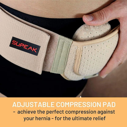 Hernia support belt with targeted compression for pain relief and discomfort reduction.