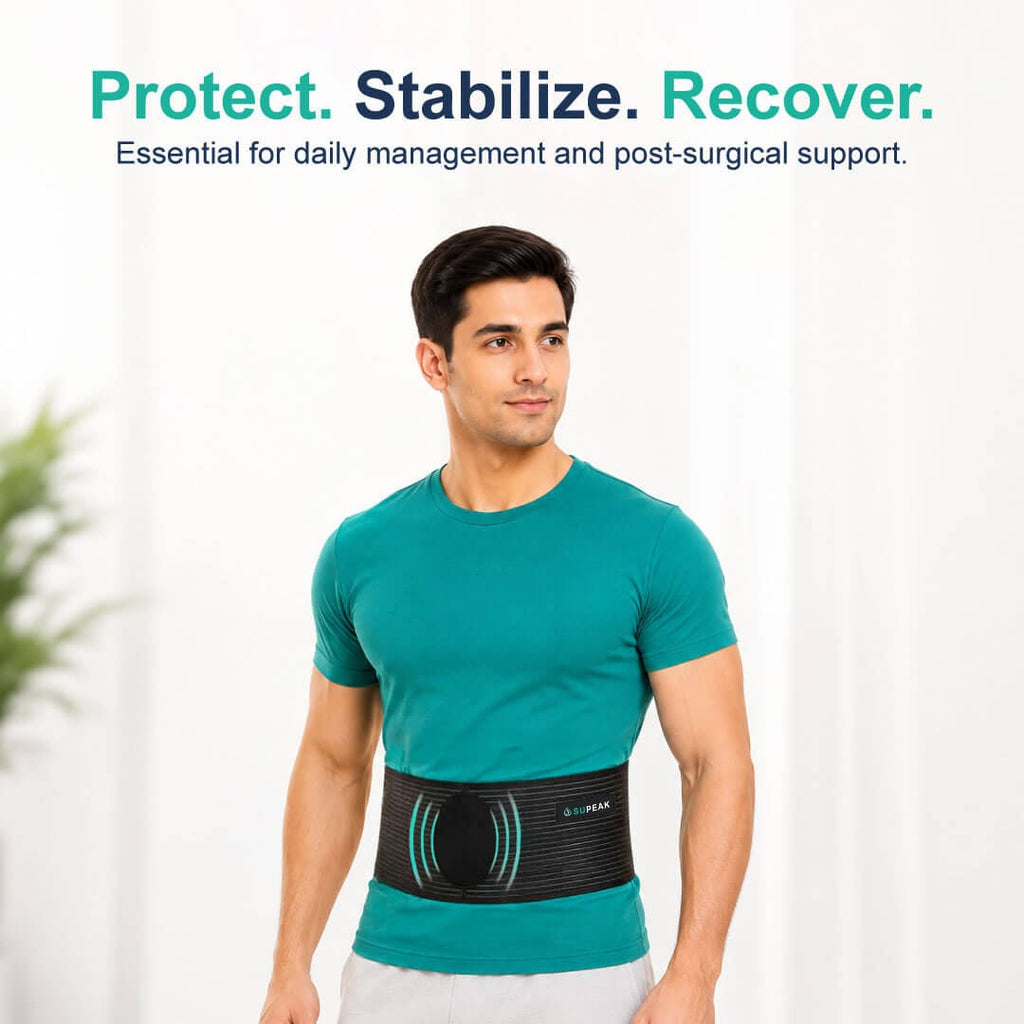 Man wearing hernia support belt for daily stabilization and post-surgical recovery.