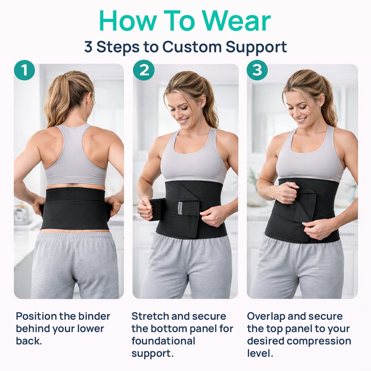 Three-step guide showing how to wear the SUPEAK abdominal binder by securing the bottom panel first then the top split panel for custom compression.