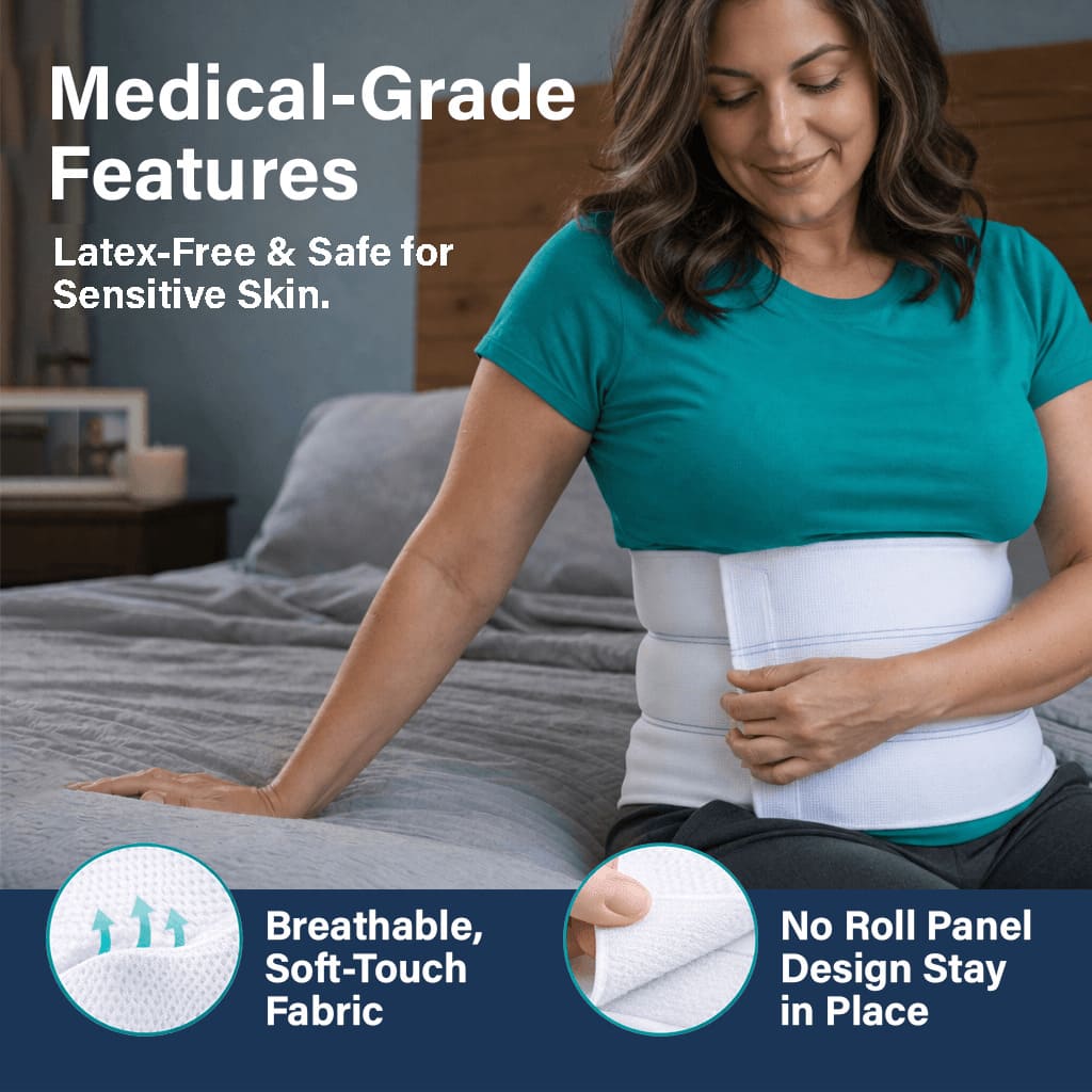 Close-up of medical-grade features including breathable soft-touch fabric and a no-roll panel design.