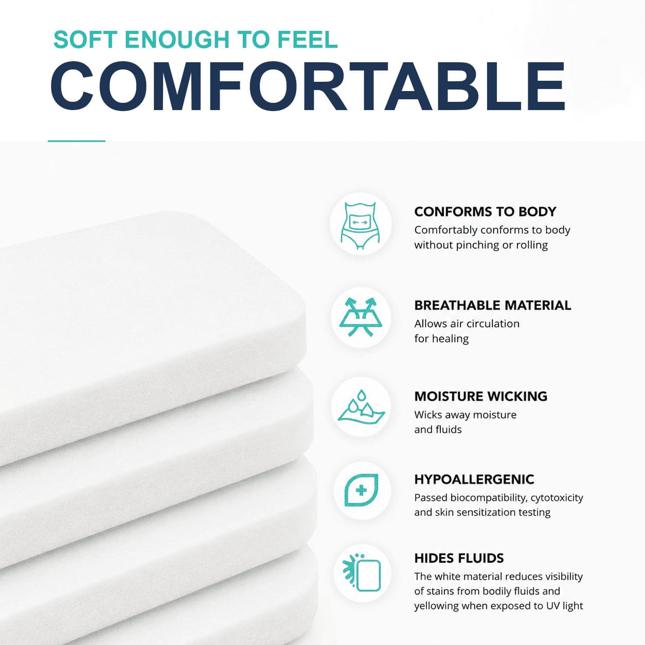 Lipo foam pad features including body-conforming comfort, breathable moisture-wicking material, hypoallergenic design, and fluid concealment