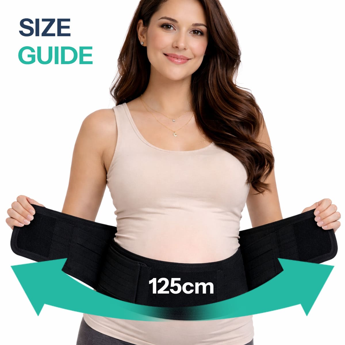 Size guide for the SUPEAK maternity belt showing the adjustable length and Velcro fastening system.

