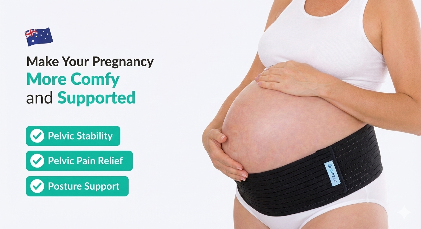 A pregnant woman wearing a Supeak Maternity SI Pelvic Support Belt with text explaining how it stabilizes the pelvis, eases aches, and maintains mobility.