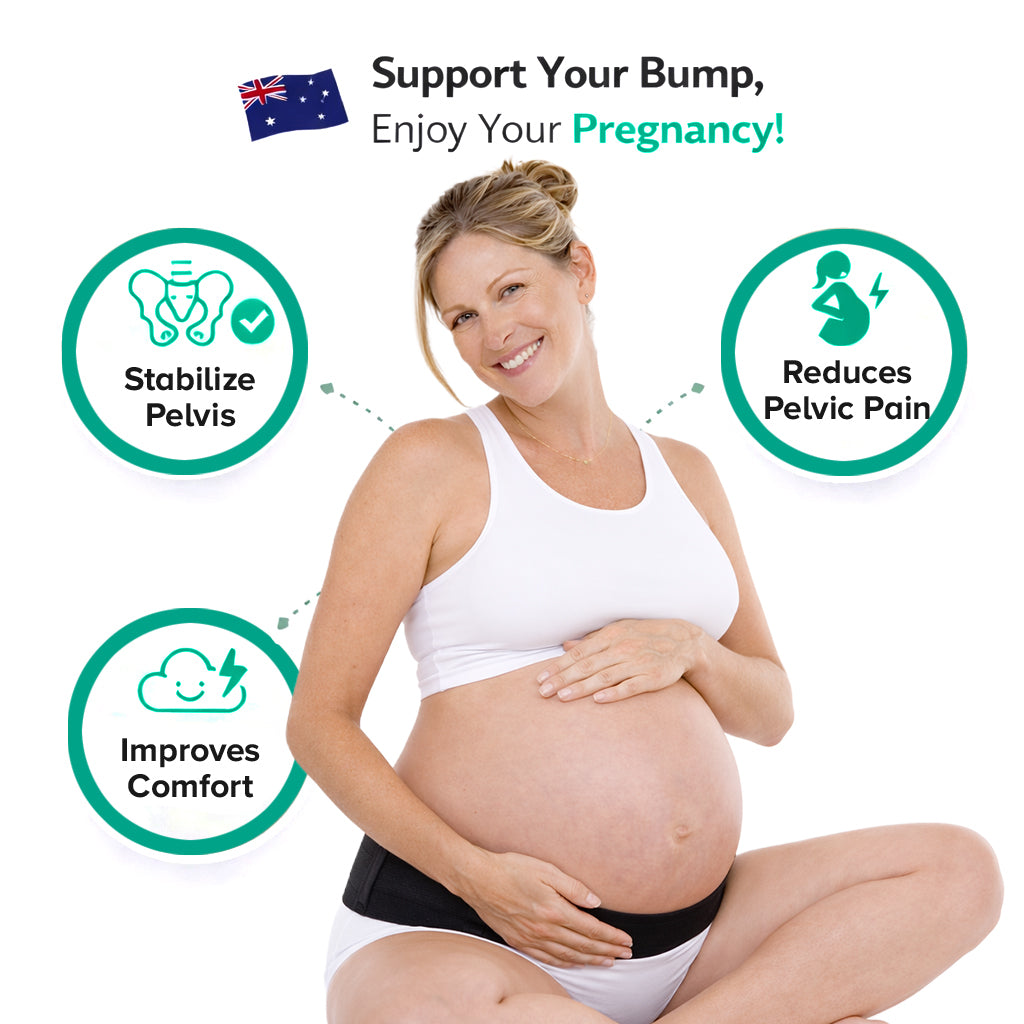A pregnant woman sitting cross-legged wearing a Maternity SI Pelvic Support Belt with icons showing how it stabilizes the pelvis and reduces pain.