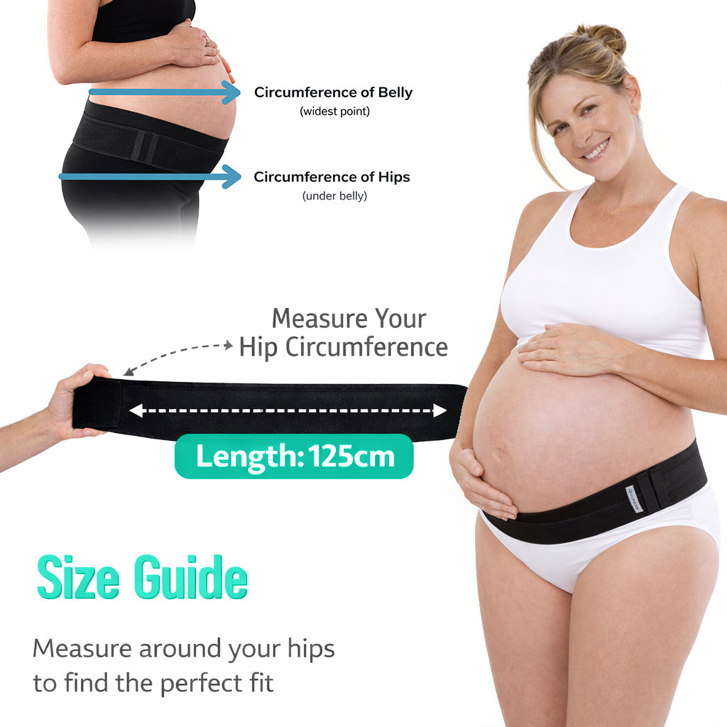 Sizing instructions for a 125cm Maternity SI Pelvic Support Belt showing how to measure the circumference of the belly and hips for a perfect fit.