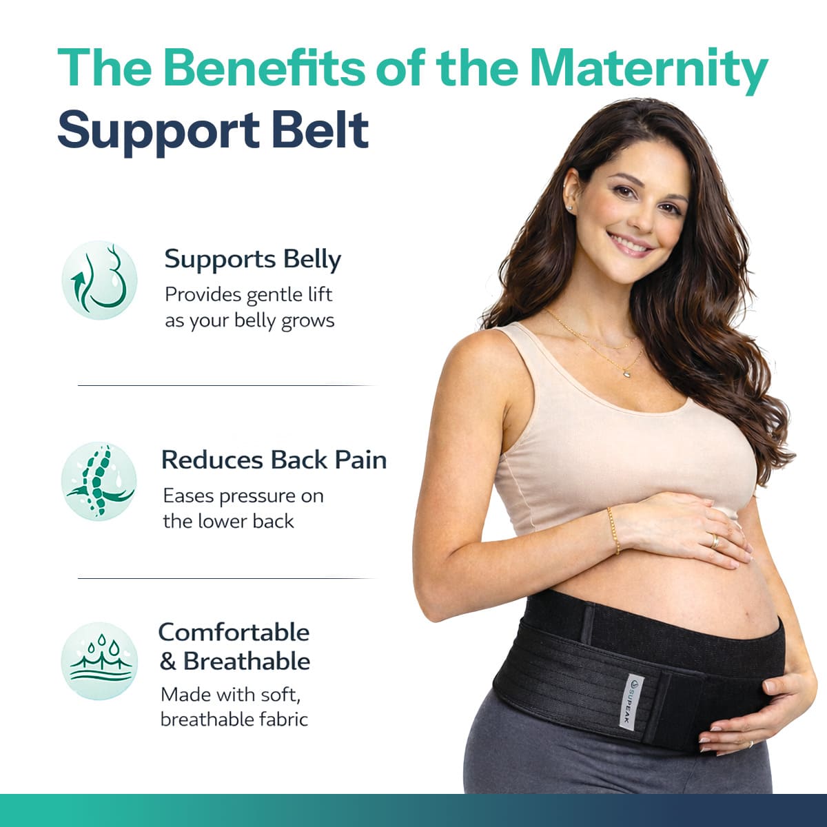 Benefits and feature list for the SUPEAK maternity belt highlighting back pain reduction and breathable, soft fabric for everyday wear.
