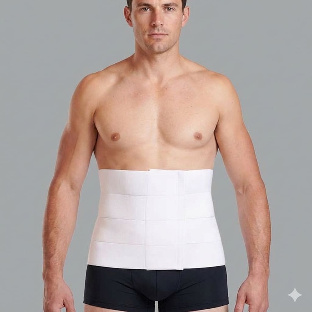 A male model wearing a plus-size bariatric abdominal binder designed for post-surgical recovery, hernia support, and lower back stability.
