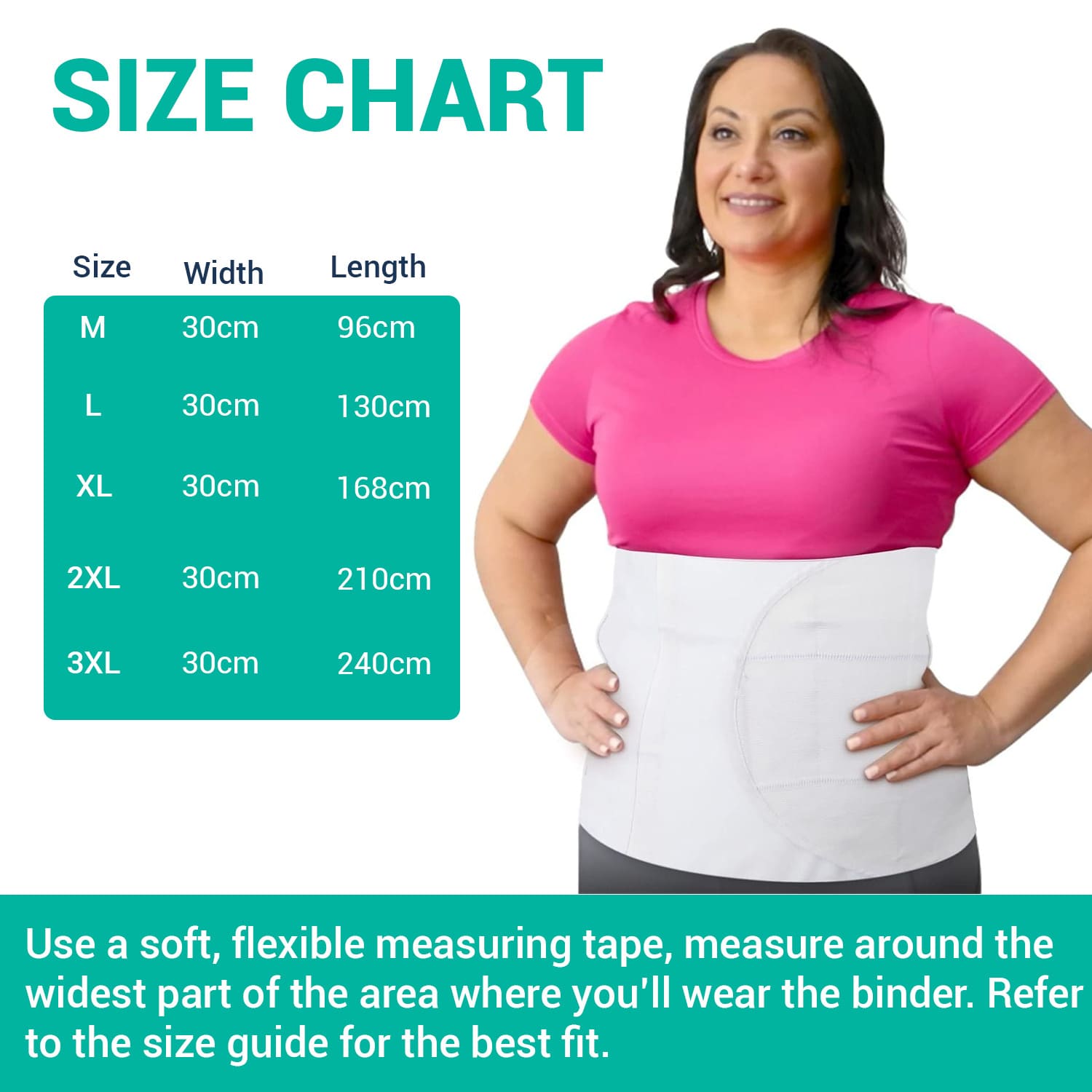 A detailed size chart for plus-size bariatric abdominal binders, showing waist measurements in centimeters for an accurate fit.