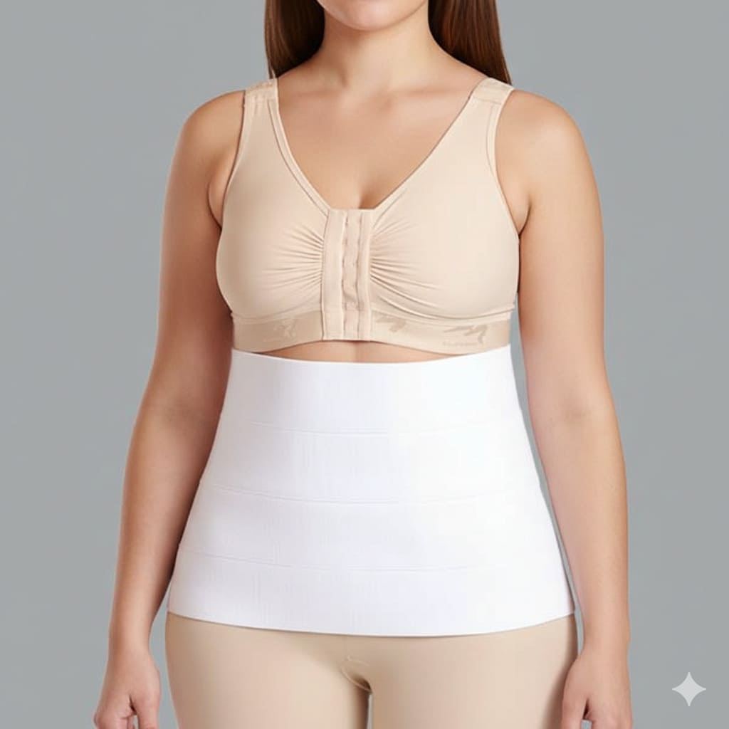 A female model wearing a plus-size bariatric abdominal binder for postpartum support, C-section recovery, and stomach compression.