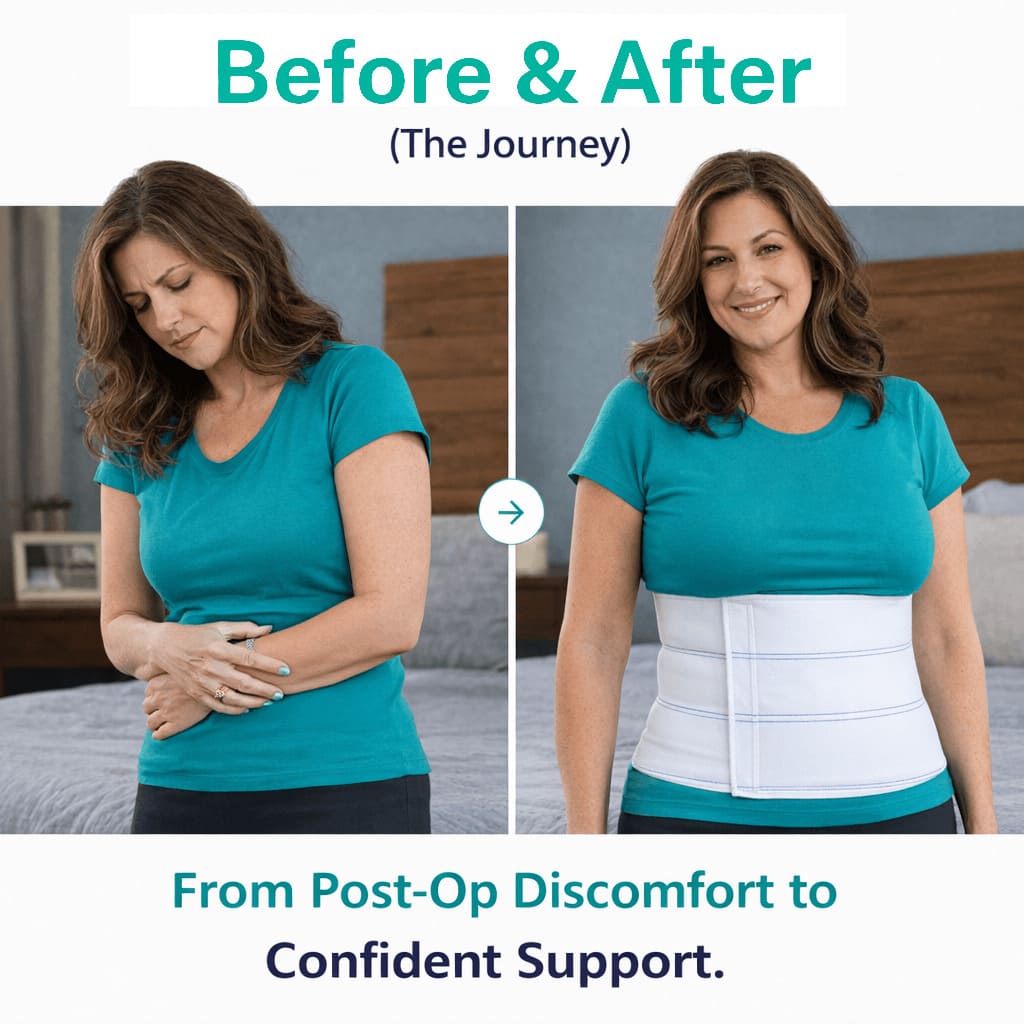 Before and after comparison showing transition from post-op abdominal discomfort to confident support with a medical binder.