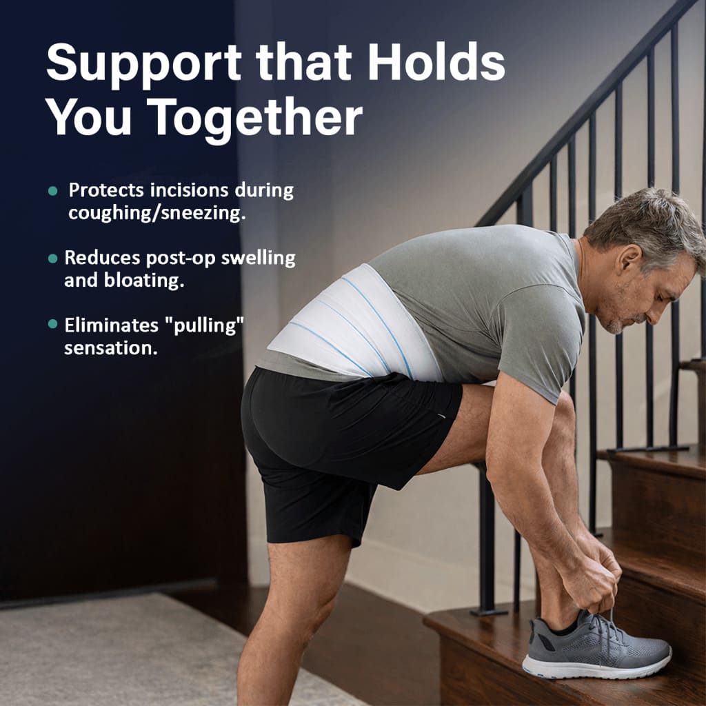 Man wearing a white abdominal binder while bending over to tie his shoes, illustrating incision protection and core support during daily post-op activities.
