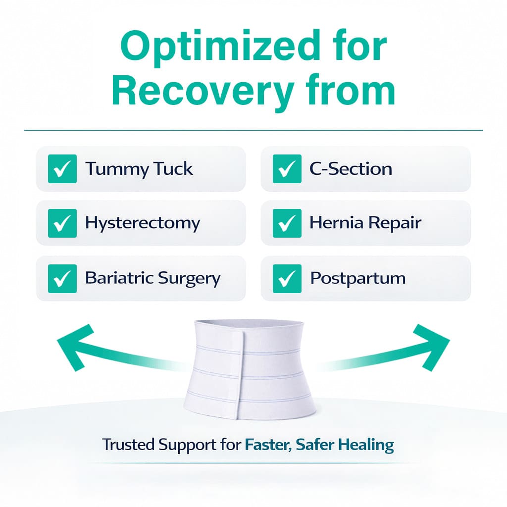 Graphic showing abdominal binder uses for Tummy Tuck, C-Section, Hysterectomy, Hernia Repair, Bariatric Surgery, and Postpartum recovery.