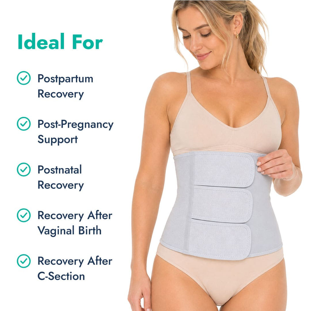 A woman adjusting the top panel of her SUPEAK postpartum belly band. Text lists its ideal uses: Postpartum Recovery, Post-Pregnancy Support, Postnatal Recovery, Recovery After Vaginal Birth, and Recovery After C-Section.