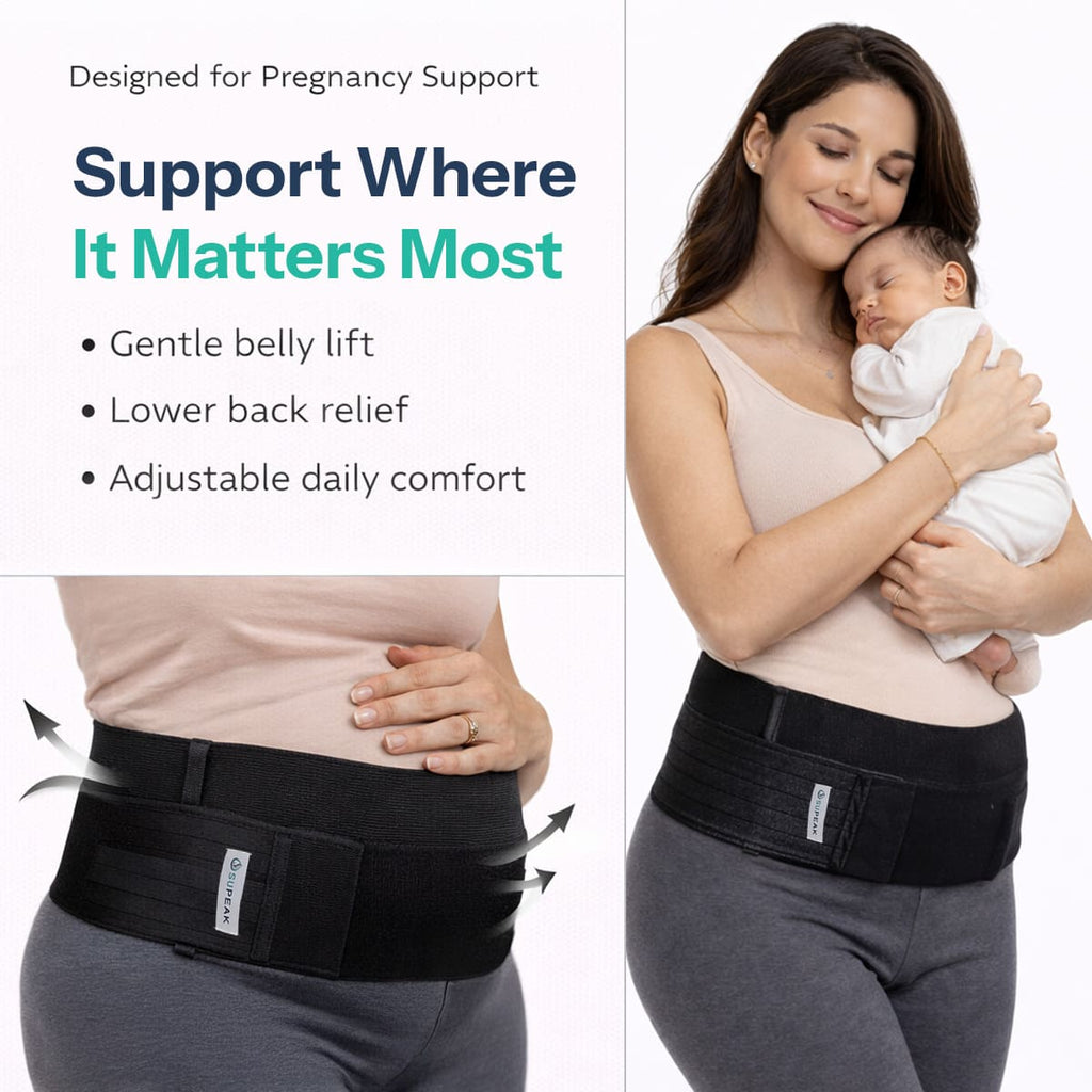 Collage showing the SUPEAK belt providing lower back relief and adjustable daily comfort for pregnant women and new mums.