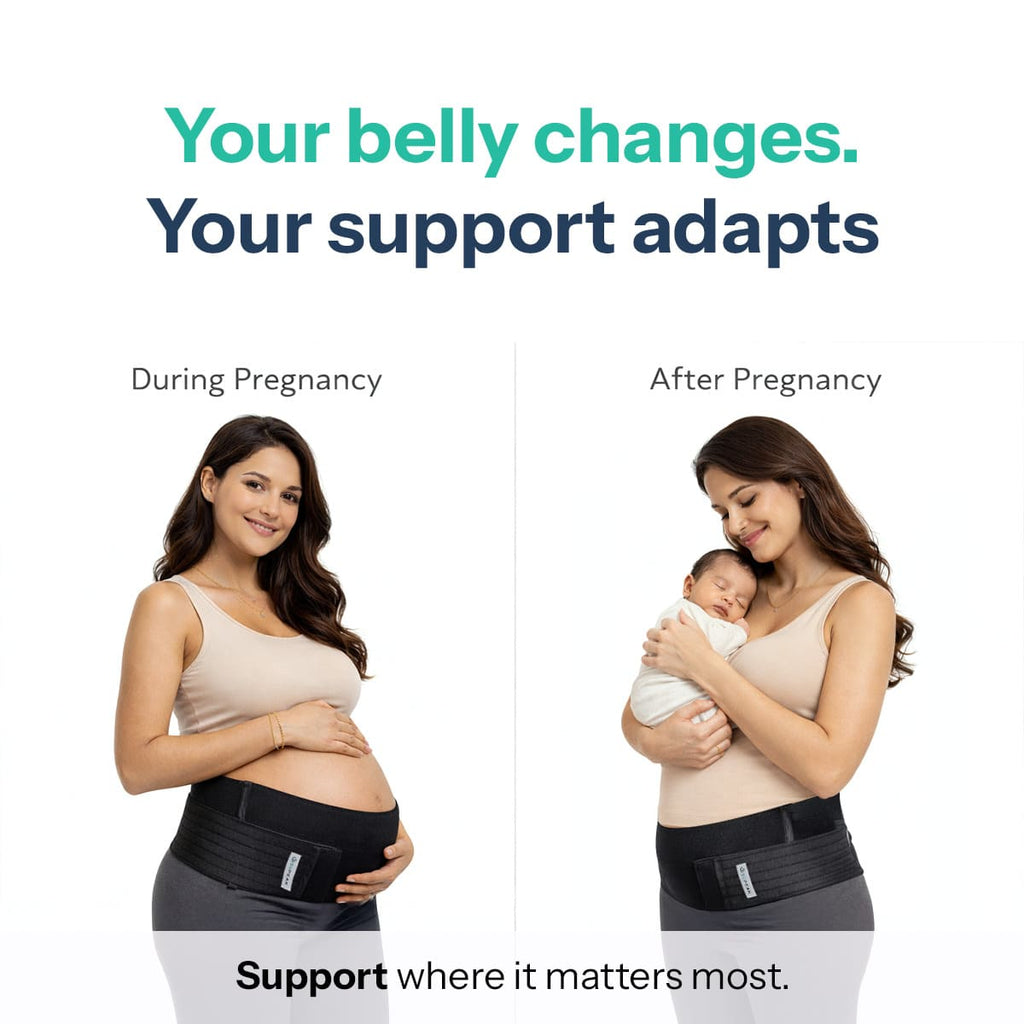 Comparison image showing how the SUPEAK support adapts from pregnancy bump support to postpartum core recovery.
