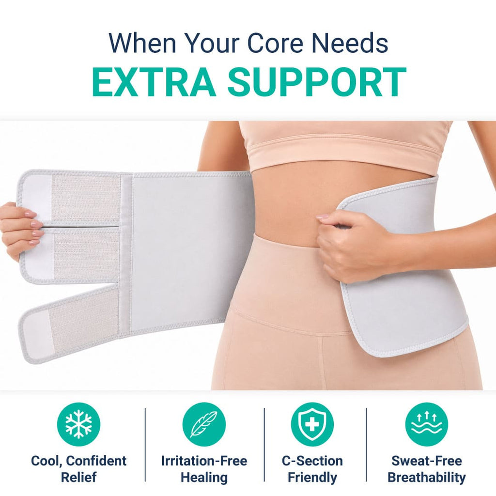 A woman comfortably wrapping the SUPEAK postpartum belly band around her waist. The image features the header "When Your Core Needs EXTRA SUPPORT" alongside icons for breathability and C-section friendly healing.