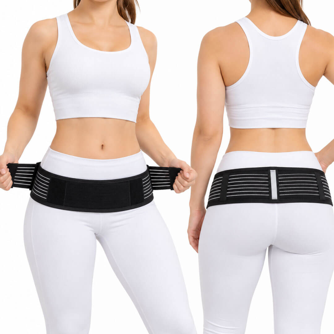 Sacroiliac SI joint belt for lower back, hip and pelvic support shown from front and back